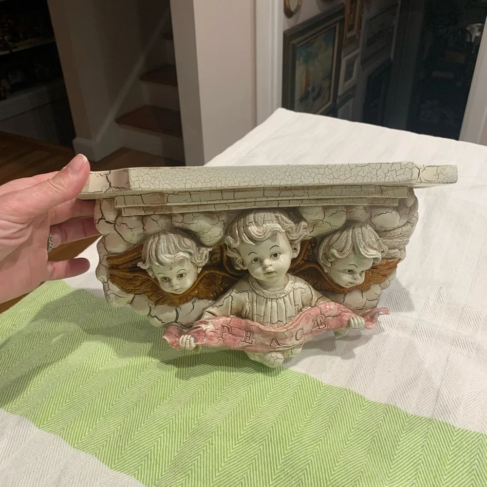Vintage Shabby pink, Off white and gold cherubs and wall shelf